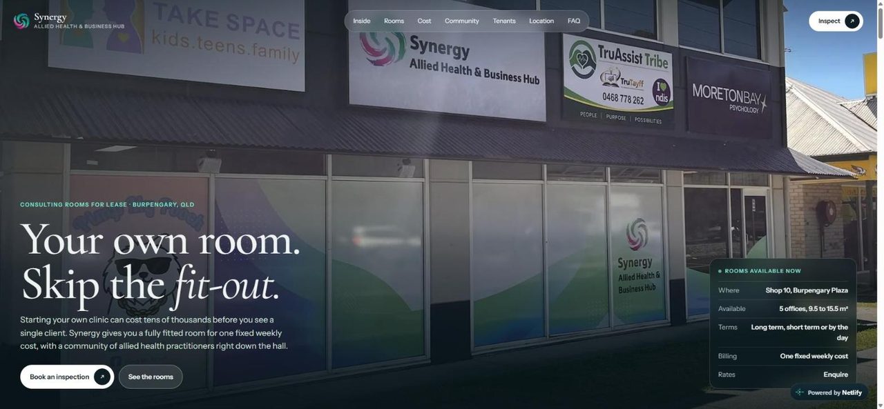 Synergy website: Your own room. Skip the fit-out.